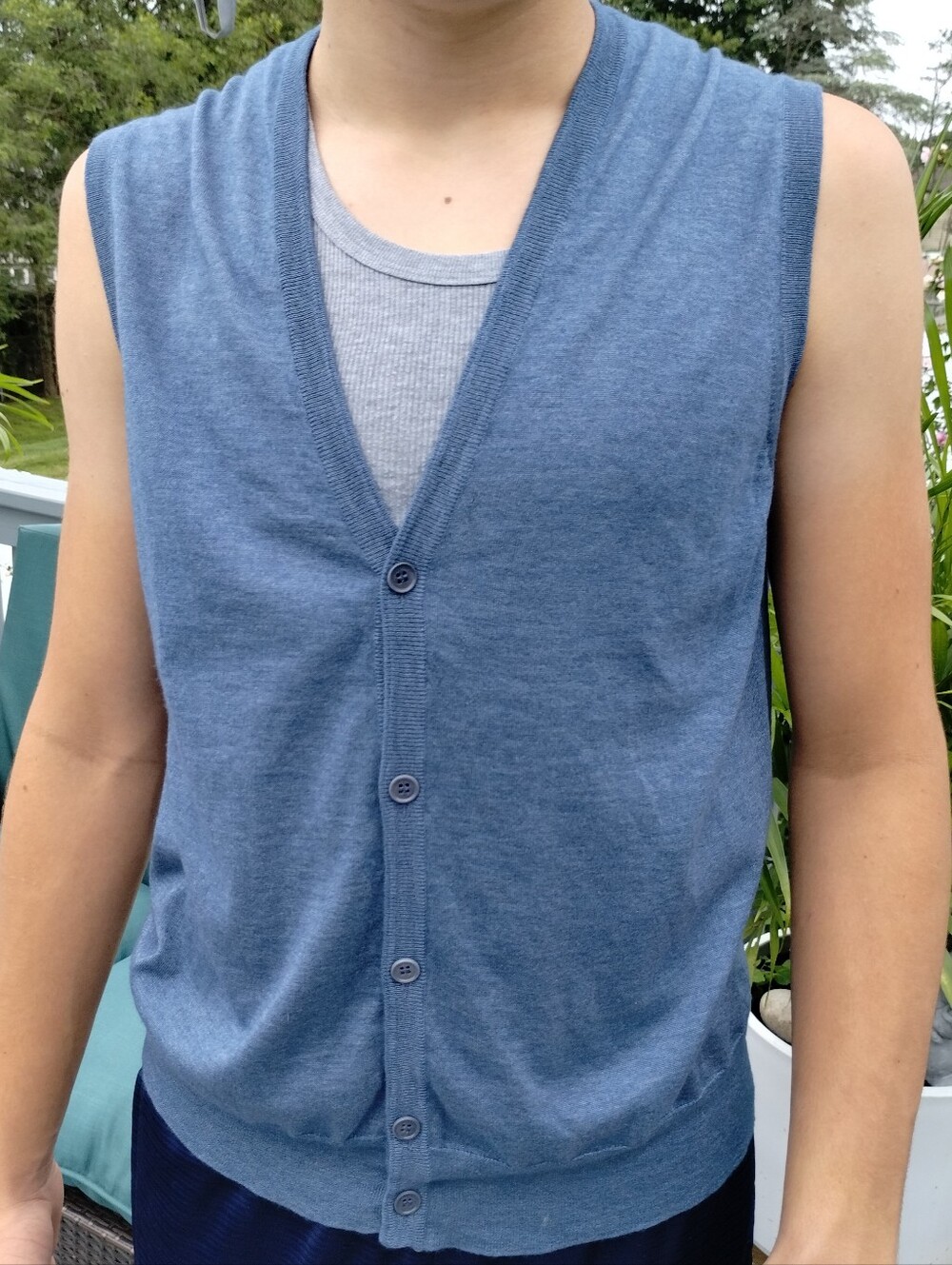 Loro Piana Slate Blue Button-Front Knit Vest Large